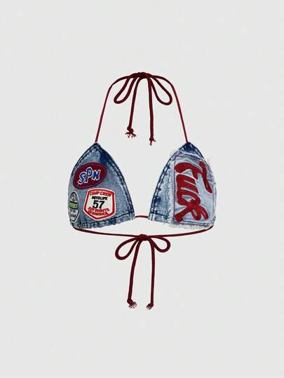 ROMWE Avant Women's Y2K Vintage Slogan Logo Embroidered Tie-Up Cropped Sexy Denim Top