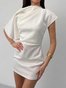 Aloruh Trang phục công sở tối giản với điểm nhấn kim loại trắng, mẫu đầm ngắn ôm sát cổ bẻ mới mùa xuân/hè dành cho nữ. - trắng - Xem 3
