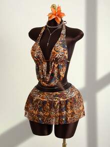 Zestiva 3pcs/Set Leopard Print Halter Beaded Top + Leopard Print Triangle Bikini Bottoms + Leopard Print Ruffle Hem Skirt, Hot Selling Beach Vacation Casual Outfit - Multicolor - View 3