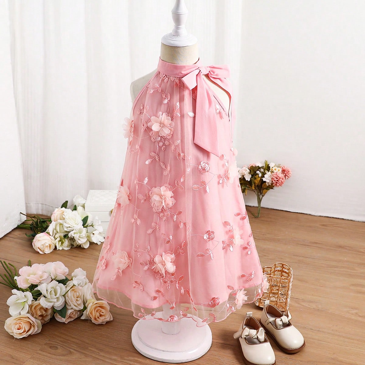 Vestido holgado casual de cuello alto con malla y estampado floral para niña joven