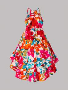 SHEIN 年轻女孩优雅简约露背印花无袖连衣裙 - 粉色 - 查看 9