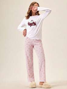 Loomlin 棉质女士可爱熊和心形图案长袖和裤子家居服舒适睡衣套装 - 白色 - 查看 3