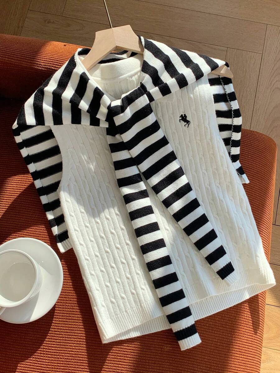 Muchica Women's Casual Everyday Sleeveless Cable Knit Top - Black and White - View 1