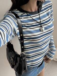 Livesso 女士休闲圆领条纹T恤，秋季款 - 藍色 - 查看 3