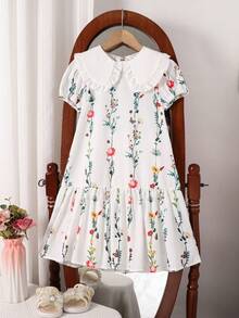 Emery Rose Kids 少女可爱休闲泡泡袖彼得潘领拼接连衣裙，领口饰有蝴蝶结 - 白色 - 查看 8