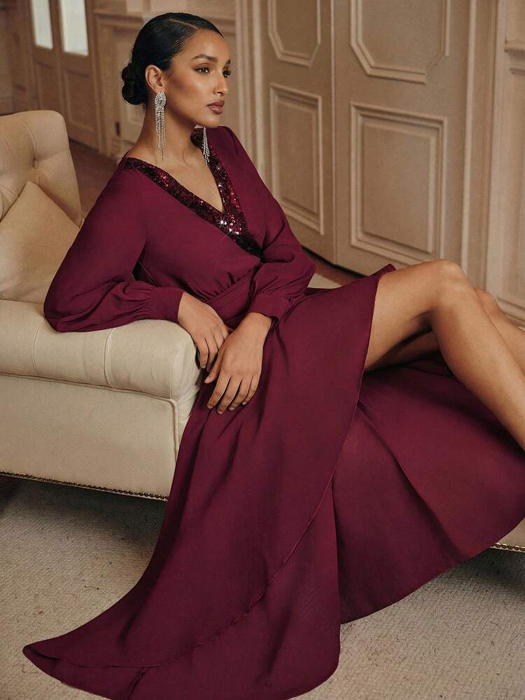 Elegant V-Neck Sequin Design Pleated Asymmetric Hem Party Wedding Dress For Women, Suitable For Wedding, Graduation, Autumn, Fall, Winter, Going Out, Elegant, Formal, Chic, New Year, Christmas, Party Outfit