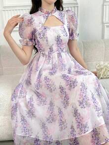 SHEIN Đầm chữ A tay phồng khoét eo, họa tiết hoa tím trắng, chất liệu organza, dành cho thiếu nữ, thanh lịch và duyên dáng. - Màu tím - Xem 3