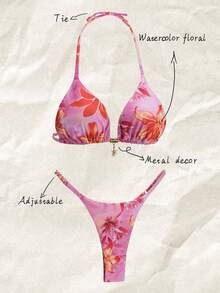 Elavelle Springbreak Women's Random Print Spaghetti Strap Sexy Bikini Swimsuit Set, Summer Beachwear Outfits - Multicolor - View 3