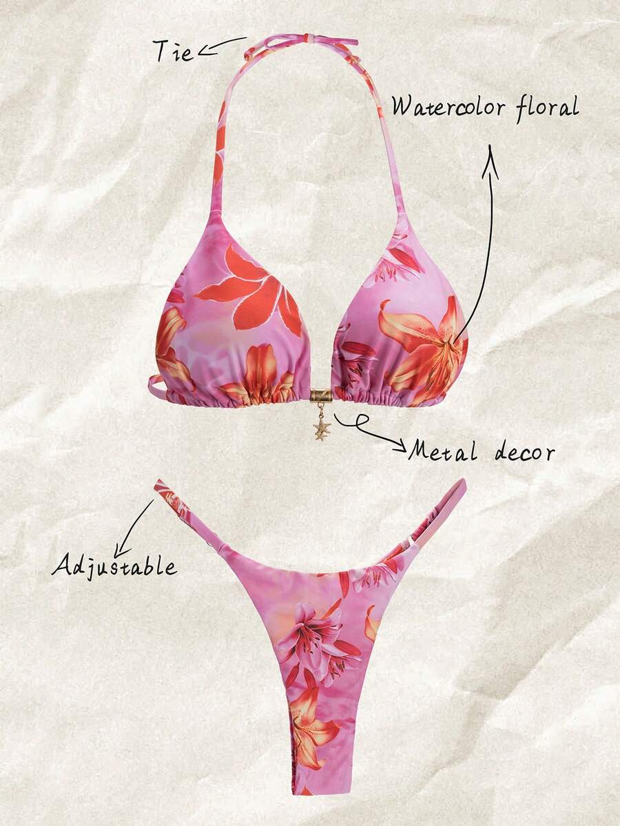 Elavelle Springbreak Women's Random Print Spaghetti Strap Sexy Bikini Swimsuit Set, Summer Beachwear Outfits - Multicolor - View 1