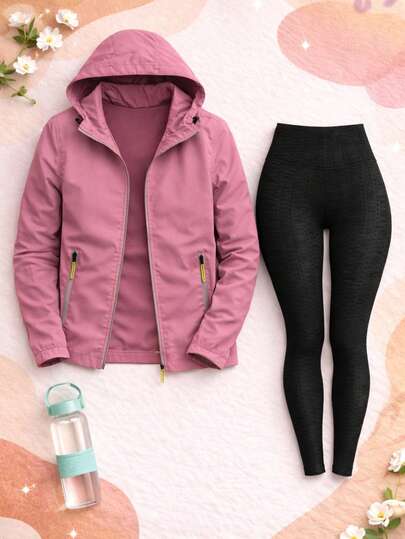 Conjunto Deportivo Mujer 2 Piezas- Chamarra Rompevientos con Capucha y Leggings Ajuste Perfecto l Ideal para Gym, Running y Uso Diario