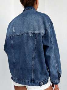 Cottnline 98%Cotton Flap Pocket Ripped Drop Shoulder Denim Jacket - Dark Wash - View 2