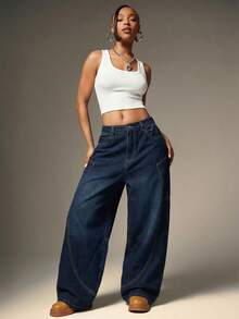 Denimoi Jeans casuales de pierna ancha con bolsillos y ajuste holgado para mujer - Azul lavado oscuro - Ver 2