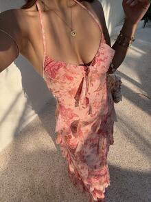 Sunnyshic 女士休闲度假日常百搭时尚户外派对波西米亚风佩斯利印花网纱层叠荷叶边腰带连衣裙，春夏款 - 彩色 - 查看 8