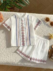 SHEIN 2pcs Baby Boys Vintage Floral Print Mandarin Collar Short Sleeve Shirt And Shorts Set, Spring/Summer - White - View 3