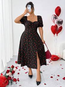 Elenzga Plus Size Sweetheart Neck Multicolor Strawberry Print Long A Line Dress Featuring Puff Short Sleeves And Flared Hem - Multicolor - View 8