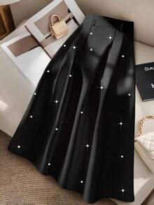 SHEIN CURVE+ Plus Size Solid Color Minimalist Everyday Pearl Decor Skirt Pearl Embellishment Skirt Rhinestone Skirt Skirts Black Pleated Skirt Black Skirt - Black - View 4