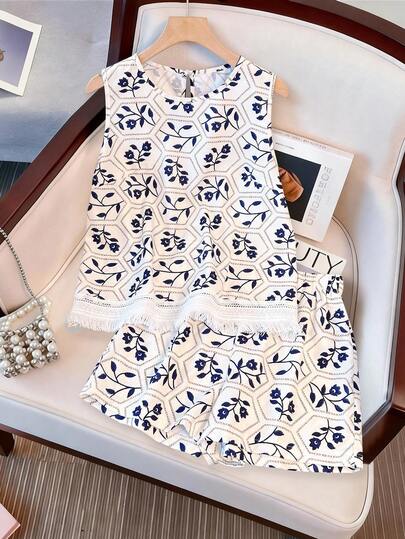 GlowEve CURVE 大码女式复古碎花流苏边无袖上衣和短裤两件套，春夏款