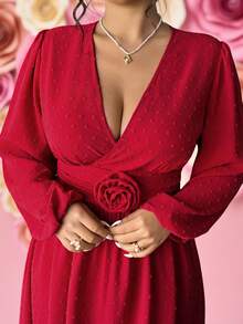 Elenzga 情人节加大码女式V领褶皱玫瑰3D花卉装饰A字浪漫红色连衣裙，情人节 - 紅色 - 查看 7