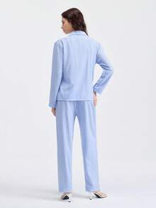 Loungeista 2pcs Women Blue & White Striped Print Pajama Set, Long Sleeve Button Collar Top And Pants, Casual Sleepwear Homewear Suit For Autumn/Winter, Fall Clothes - Blue and White - View 2