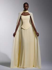 Elitara 优雅浪漫时尚的浅黄色雪纺无肩带A字连衣裙，领口饰有精美图案，适合优雅派对、婚礼宾客、正式晚宴、伴娘礼服等场合。 - 淡黃色 - 查看 9