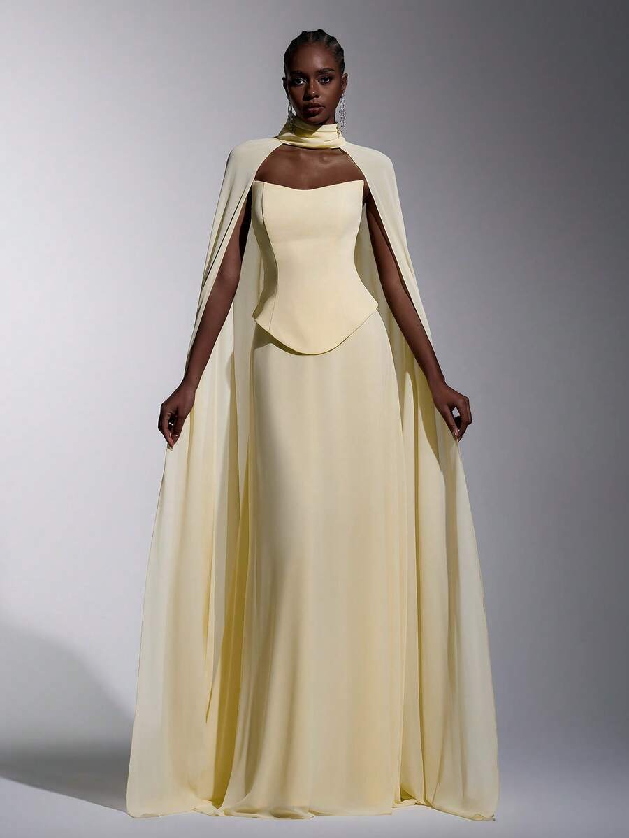 Elitara Đầm chữ A màu vàng nhạt thanh lịch, lãng mạn, thời trang bằng vải chiffon, không dây vai, cổ trang trí, thích hợp cho các bữa tiệc sang trọng, dự đám cưới, dạ hội trang trọng, đầm phù dâu.