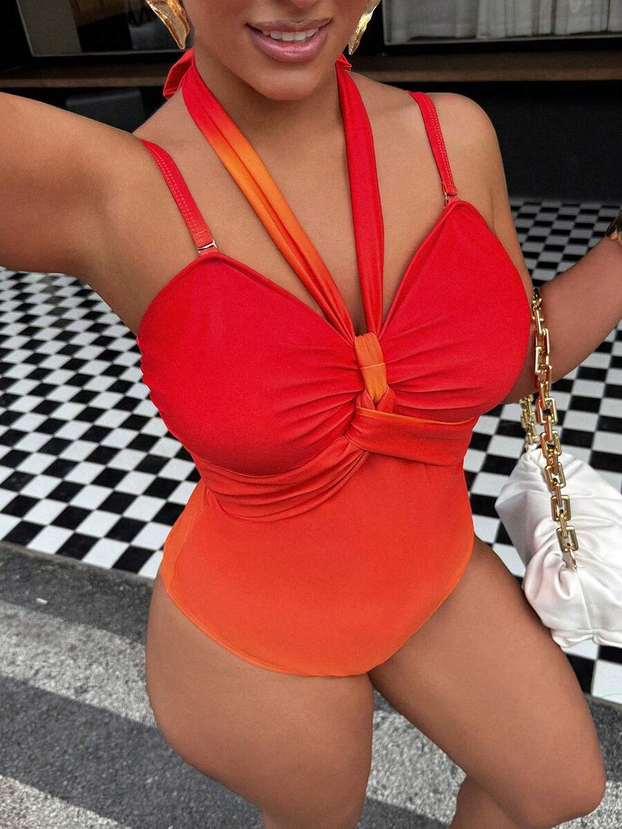 Swim Vcay Plus Size One-Piece Ombre Placement Print Halter Swimsuit, Suitable For Summer Beach Vacation - Multicolor - View 1