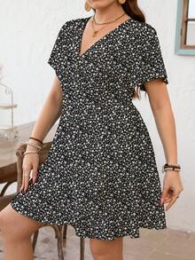 Vestido envolvente con volantes y cuello en V casual y de moda para vacaciones - Negro - Ver 7
