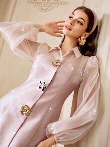 Modelyn Women's Elegant Party Cocktail Mini Dress With Lantern Sleeves And Metal Decor, Suitable For Spring, Summer, Autumn - Pink - View 2