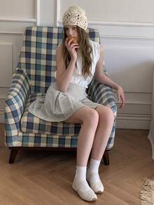 DAZY 少女休闲简约侧拉链百褶迷你裙，夏季 - 杏色 - 查看 6