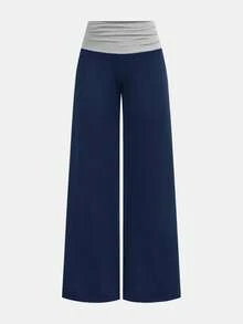 Tween Girls' Casual Contrast Foldover Waist Wide Leg Sweatpants, Spring/Summer Back To School Season - Navy Blue - View 2