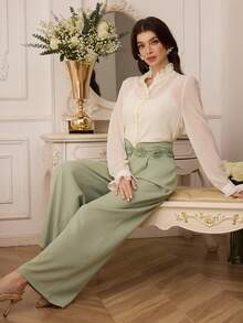 Modelyn Women's Romantic Floral Ribbon Waist Loose Fit Casual Pants - Green - View 6