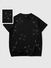 ROMWE MEN Street Life Áo thun tay ngắn Unisex có họa tiết ngôi sao đính đá thời trang, thiết kế theo phong cách đường phố của Mỹ - màu đen - Xem 4