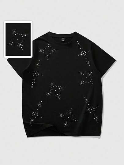 Street Life Unisex Short Sleeve T-Shirt With Stylish Rhinestone Star Graphic, Street Style American Design