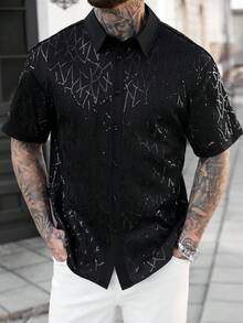 Manfinity Roughcore 亮片刺绣男士短袖单排扣衬衫，男士复古风，日常休闲、周末旅行、户外活动、探险旅行、轻松的工作环境或半正式场合，男友/丈夫礼物，周年纪念/生日礼物，派对、夏季假期、婚礼、春夏、狂欢节，男士黑色亮片短袖几何图案纽扣衬衫，时尚休闲之选，男士水钻衬衫，男士街头风衬衫，男士蕾丝衬衫，男士蕾丝网眼衬衫，哥特风男士衬衫 - 黑色 - 查看 6