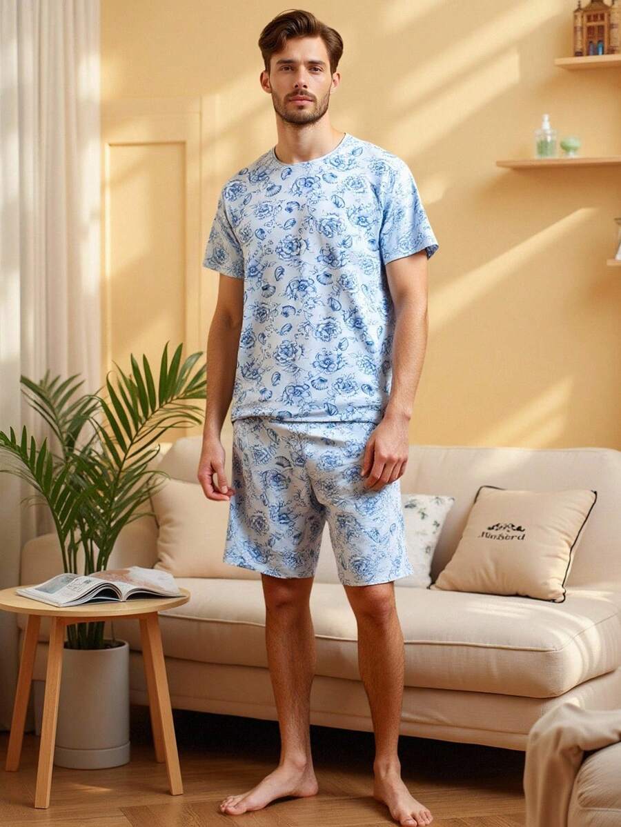 Velminro 男士印花弹力薄款短袖上衣和短裤睡衣套装 - 藍白色 - 查看 1