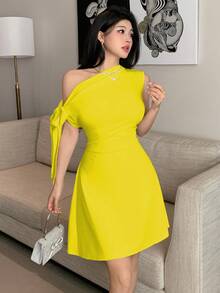 Celisse 女士不对称系带腰部短裙 - 芥末黃 - 查看 7