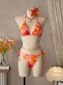 Bellisia Women's 3-Piece Floral Print Sexy Spaghetti Strap V-Neck Halter Bikini Top, Tie Side Triangle Bottoms, And Ruffle Hem Skirt Swimsuit Set, Summer - Multicolor - View 4