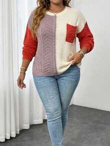 SHEIN LUNE Plus Size Colorblock Crew Neck Long Sleeve Pocket Casual Knit Sweater For Women,Beige,Autumn,Smart Casual,Festa Winter Knitwear Jumper Pullover - Multicolor - View 7