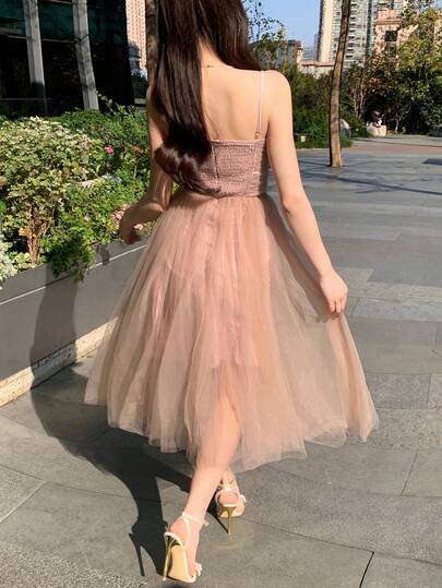 Women's Lace Fabric Spaghetti Strap Ballerina Dress With Bow Decor, Slim Fit Sheer Dress Sundress