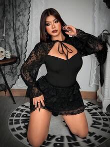 Whyspr Plus Size Solid Color Long Sleeve Hollow Lace Patchwork Tie-Up Slim Sexy Blouse