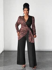 Maweii Bộ jumpsuit dài tay cổ chữ V chéo phối họa tiết da báo dáng rộng thanh lịch dành cho nữ cỡ lớn - Nhiều màu - Xem 4