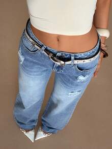 TRNVIE 时尚休闲破洞低腰直筒牛仔裤 - 淺色水洗藍 - 查看 6