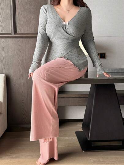 Dazy Plus Cute Bow Decor Elastic Fitted Polka Dot Long Sleeve Top And Loose Long Pants Pajama Set, Spring/Summer