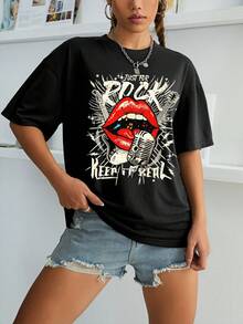 INAWLY Áo thun cổ tròn hở vai phong cách Rock cổ điển dành cho nữ, Lips & Microphone, dành cho lễ hội âm nhạc, mùa xuân/hè - màu đen - Xem 4