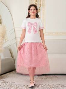 两件套少女休闲珠宝装饰圆领短袖T恤搭配优雅薄纱亮片半裙，春夏皆宜，适合度假、旅行。 - 彩色 - 查看 4