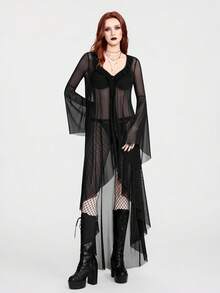 Breakform 女士哥特式性感网纱V领系带不对称下摆宽松开衫 - 黑色 - 查看 3