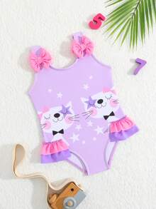 Infant/Toddler Girls' Cute Cat Print Pattern Pink & Purple 3D Bow Ruffle Trim Comfortable Stretch Active Swimsuit Toddler Girl Swimwear Purple Baby Girl One Piece Swimsuit Baby Girl Bathing Suit With Cat Print Baby Girl Swimsuit Purple