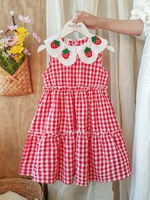 Vintaside Kids Girls' Sleeveless Lace Collar Plaid Casual Dress, Suitable For Traveling, Vacation, Camping Or Daily Outings - Red - View 4