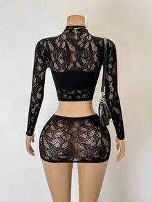 SHEIN Jeanoir 2pcs Women Sexy Crop Top And Mini Skirt Set - Black - View 2