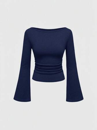 Goth Sexy Bootsausschnitt Glockenärmel einfarbiges enges Damen T-Shirt